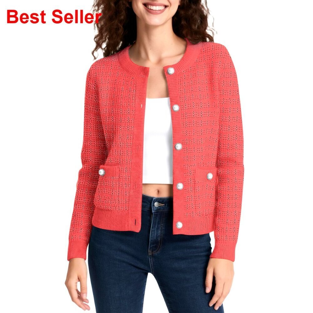 Cropped Knit Cardigan Open Front Button Down Long Sleeve Sweater Jacket